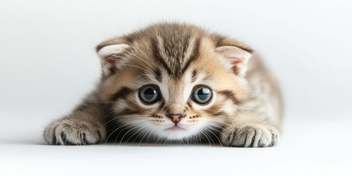 Scottish fold kitten posed adorably on a white background in a studio setting, showcasing the unique features and charm of this delightful Scottish fold kitten.