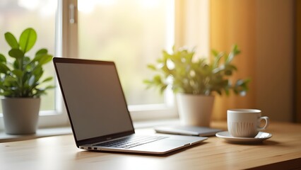 A modern minimalist desk setup in a cozy home office with a laptop, coffee mug, and a plant