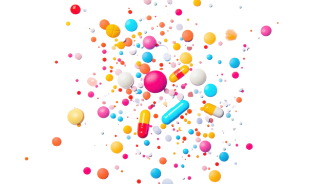 A handful of assorted pills and tablets, vibrant in color and shape, scattered randomly on a bright white background.