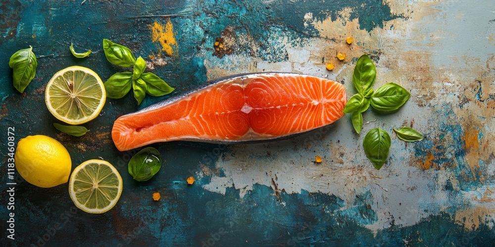 Poster fresh red fish presented with lemon and basil on a textured background. this salmon steak features v