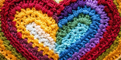 Multicolored heart crocheted from threads, featuring shades of red, white, blue, purple, yellow, and green, showcases the beauty of creative crochet art in vibrant hues.