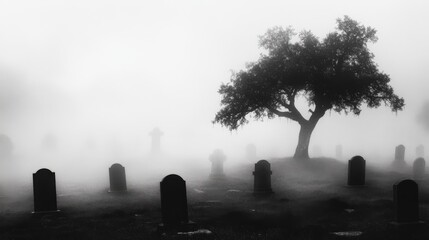 A striking black and white portrayal of a foggy cemetery featuring scattered graves and a solitary tree, evoking an air of mystery and tranquility in the cemetery setting.