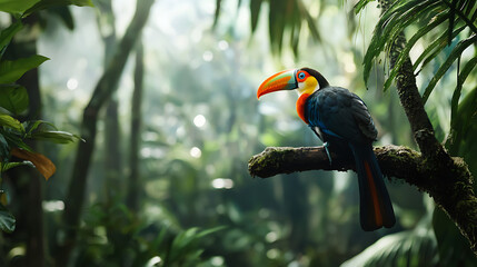 Naklejka premium A colorful bird is perched on a branch in a lush green forest. generated using AI