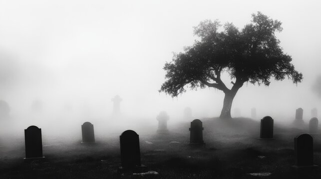 A striking black and white portrayal of a foggy cemetery featuring scattered graves and a solitary tree, evoking an air of mystery and tranquility in the cemetery setting.