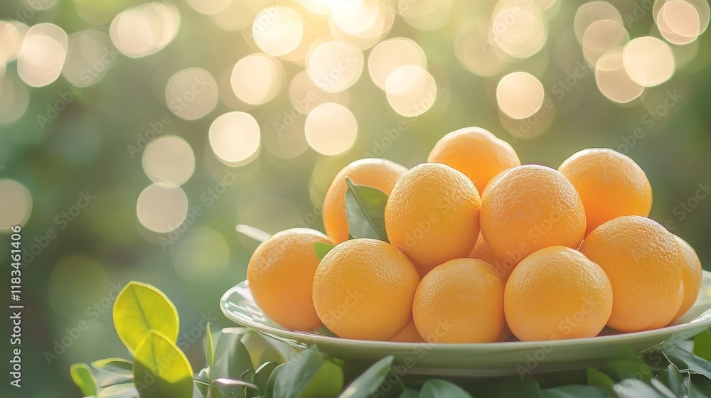 Poster oranges arranged on a dish, surrounded by a soft white bokeh effect on a green background, create a 
