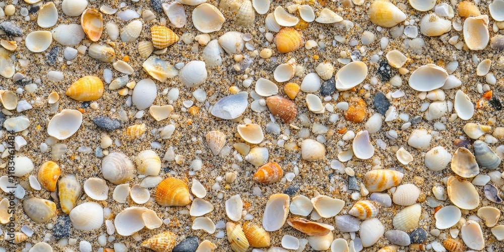 Aufkleber texture of coarse sand on the beach featuring numerous broken shells, creating a vibrant background 