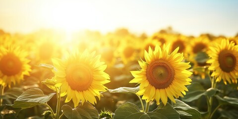 Obraz premium A vibrant field of yellow sunflowers basking in the summer sun under clear skies, showcasing the beauty of blooming sunflowers and their captivating allure in sunny weather.