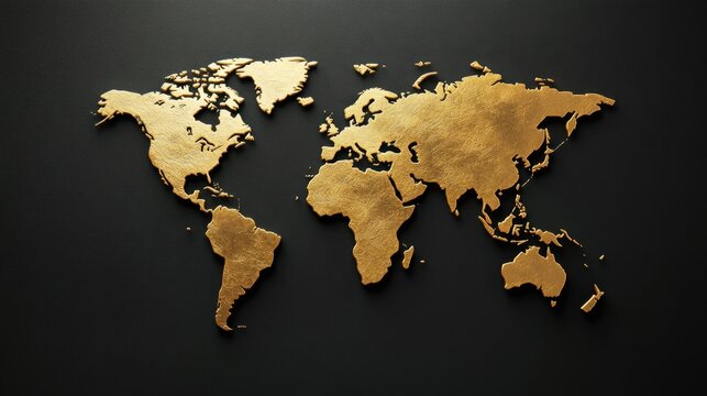 A gold world map on a black background, symbolizing global connectivity and luxury in design.