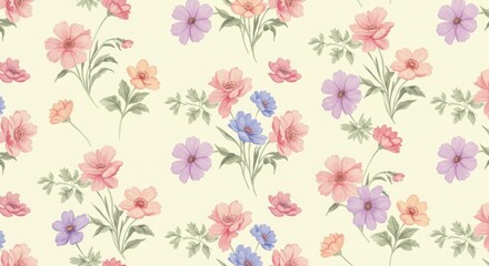 A beautiful vintage floral pattern with pastel flowers on a cream background,pastels digital paper watercolor florals seamless pattern