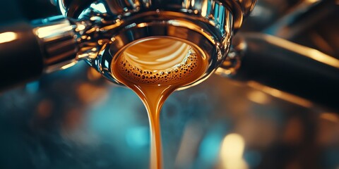 Low angle shot showcasing the process of pulling an espresso shot with a naked portafilter, capturing the rich details and textures of espresso extraction in a wide photo format.
