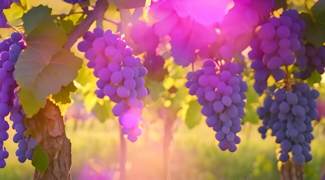 Fresh grapes depend on fertile trees, basking under a golden sun, with lush green leaves swaying gently in the breeze