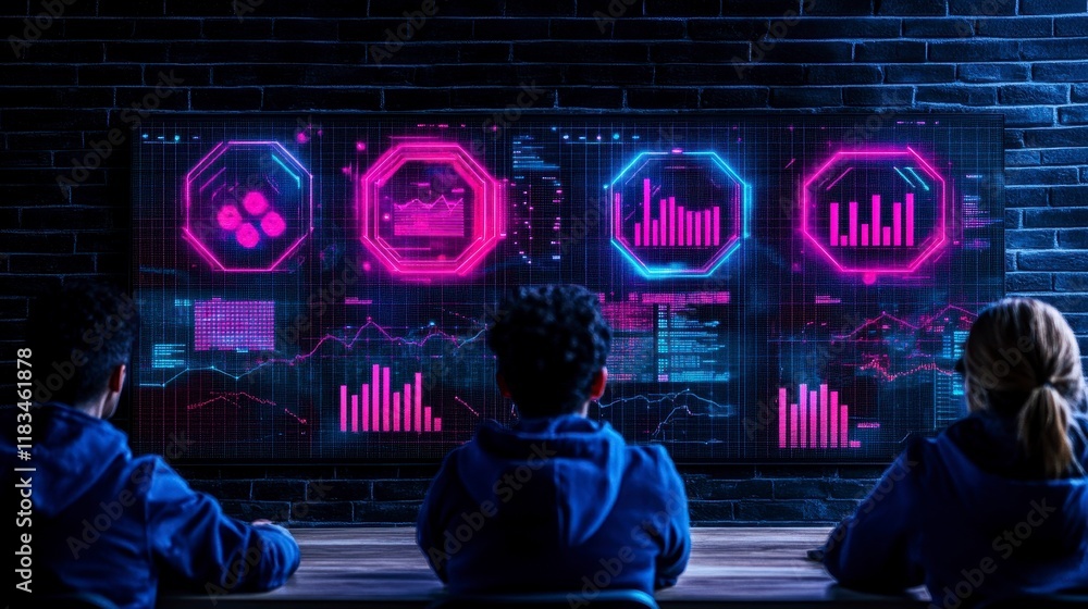Poster three individuals observing digital data projections on a futuristic screen showcasing various analy
