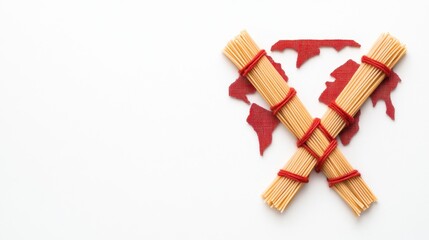 Elegant arrangement of uncooked spaghetti tied with red strings over a fabric map, symbolizing culinary art and global cuisine