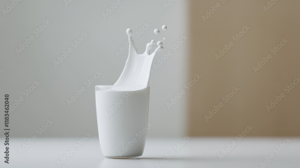 Poster a white cup overflows with splashing milk, creating a dynamic and fresh visual, emphasizing motion a