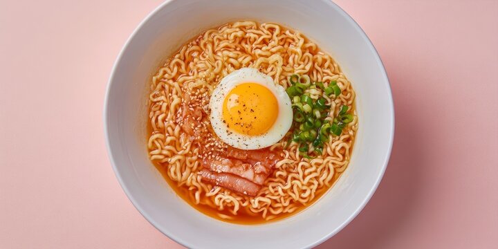 Luncheon meat paired with a fried egg complements Nissin instant noodles served in flavorful soup, creating a delightful meal experience with Luncheon meat and Nissin noodles.
