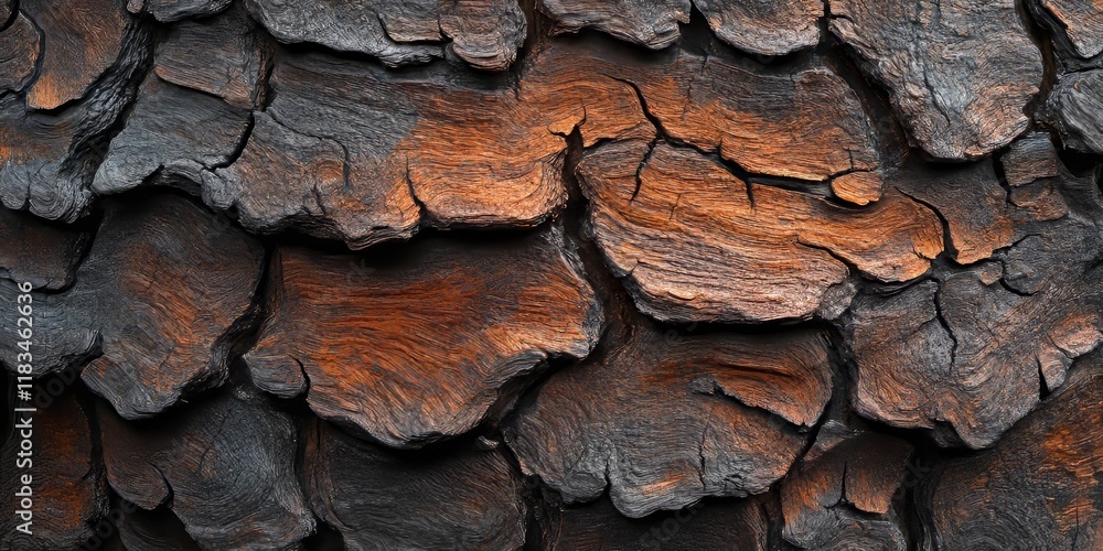 Poster detailed closeup showcasing the texture of redwood tree bark, emphasizing the unique characteristics