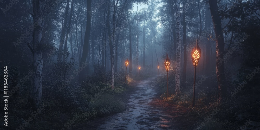 Poster wooden arrows guide the way through a mystical dark forest, creating an enchanting atmosphere filled