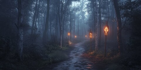 Fototapeta premium Wooden arrows guide the way through a mystical dark forest, creating an enchanting atmosphere filled with intrigue and adventure in the heart of nature. Explore the charm of wooden arrows.