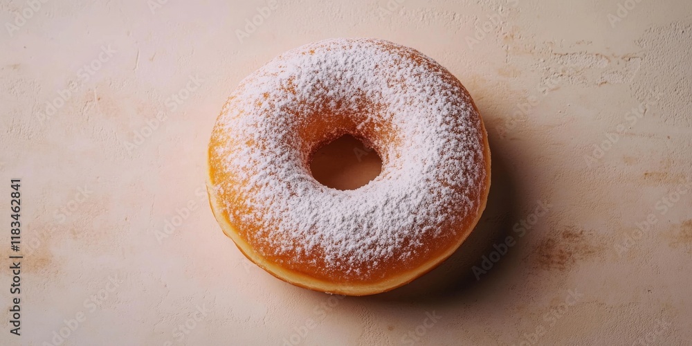 Poster top view of a classic donut dusted with powdered sugar, showcasing its delightful texture and appeal