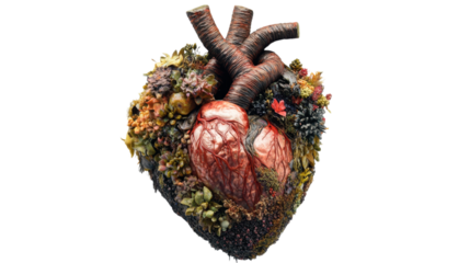 A realistic human heart with vivid textures and natural colors, isolated against a pure white background for medical or artistic purposes.