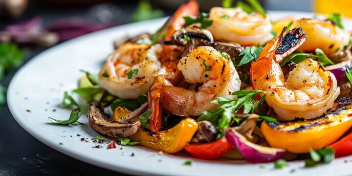 Closeup of a vibrant vegetable salad topped with succulent shrimp and grilled sliced oringi mushrooms served on a white plate, showcasing the fresh ingredients and appetizing presentation.