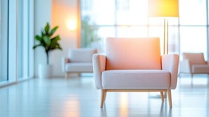 Fototapeta premium Minimal furniture idea. Cozy modern chair in a bright, airy interior with soft lighting and greenery.