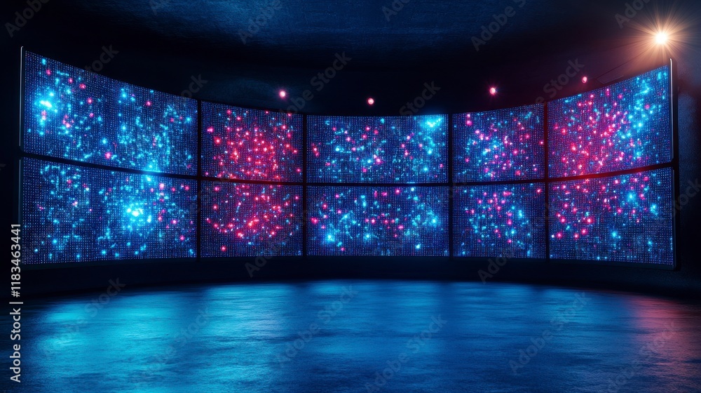 Poster a futuristic digital display wall in a dark environment showcasing vibrant cosmic patterns with glow