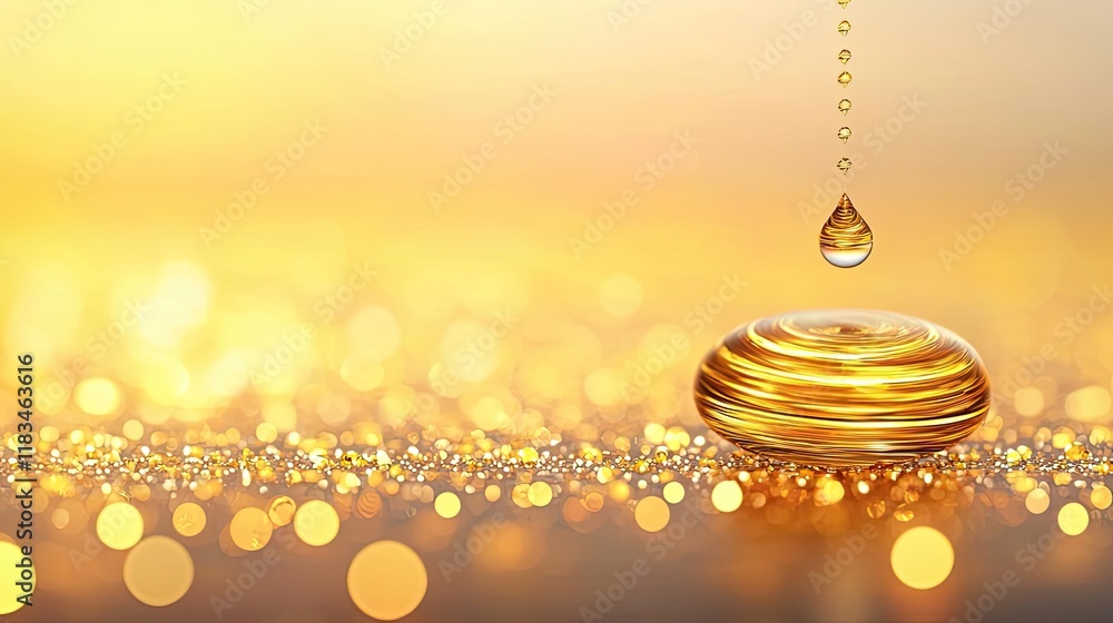 Poster gold abstract background idea. a golden droplet hangs above a shimmering surface with warm light ref