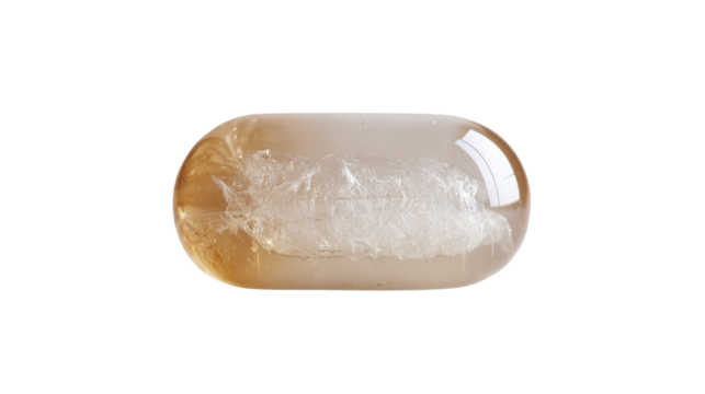 A single liquid-filled capsule with a translucent shell, showing intricate internal details, centered on a white background.