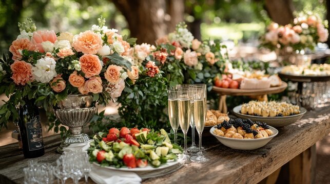 Elegant outdoor brunch buffet with floral arrangements, pastries, fruit, and champagne.