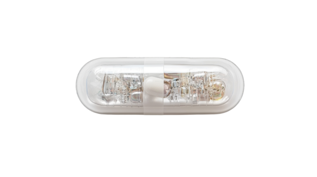 A single liquid-filled capsule with a translucent shell, showing intricate internal details, centered on a white background.