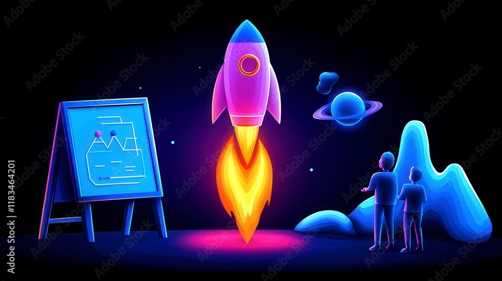 Poster a futuristic rocket launching into space with two observers in a surreal landscape, highlighting exp