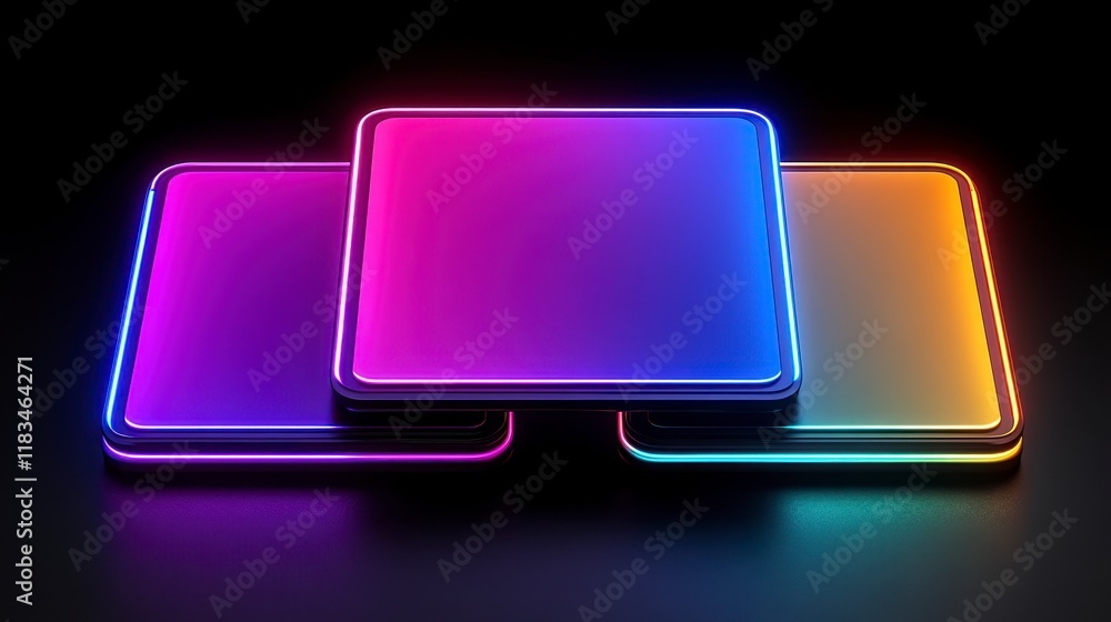Poster three glowing squares with vibrant edge lighting arranged in a visually striking composition against