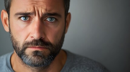 Fototapeta premium A man showing vulnerability, eyes misty with emotion, set against a neutral gray backdrop