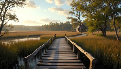 Fototapeta premium A wooden bridge over a wide landscape of wetland