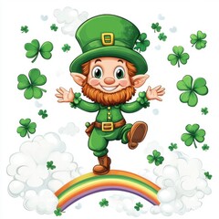 A cheerful leprechaun in a green outfit dances on a rainbow surrounded by shamrocks and clouds, embodying a festive St. Patrick's Day spirit.