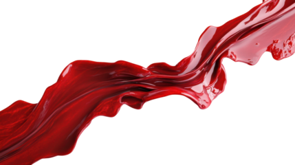A streak of blood with realistic flow patterns and texture, vividly red, placed diagonally on a bright white background.