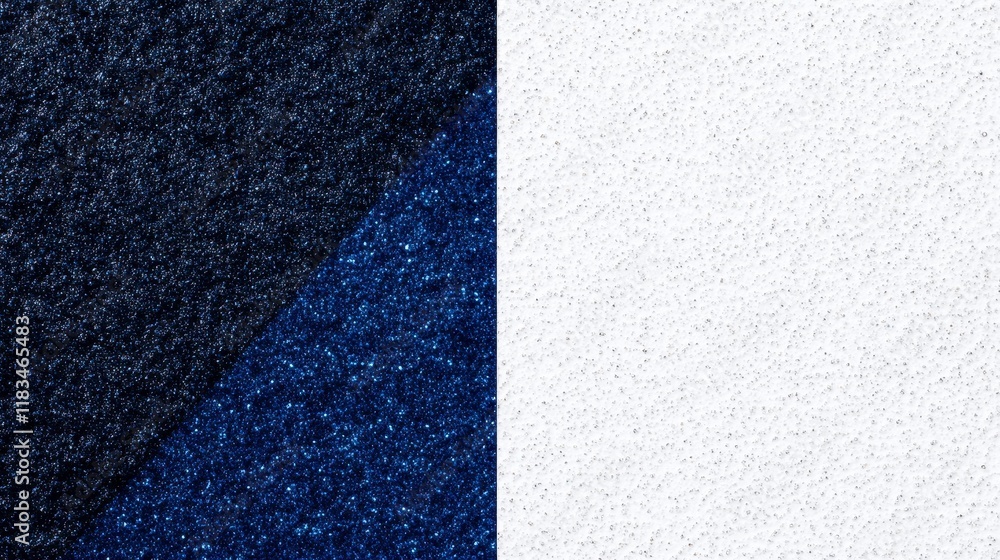 Poster an abstract composition showcasing textured patterns of blue and white glitter in a modern artistic 