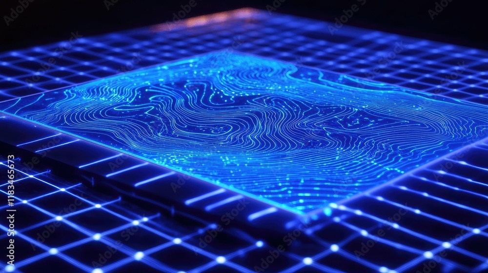 Poster blue neon hologram of a computer screen with futuristic circuit patterns, set on a white grid backgr