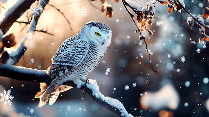 A white owl is perched on a branch in the snow. generated using AI