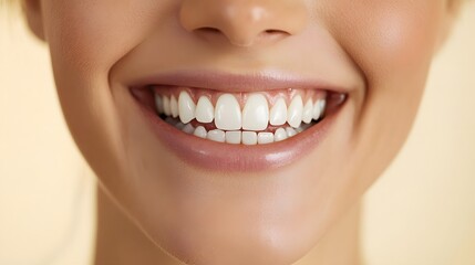 Obraz premium A person smiling with joy, showing teeth and sparkling eyes, set against a light yellow background