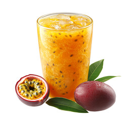 glass of passion fruit juice and passion fruit cut and green leaf, set of juice and fruit piece, cutout png