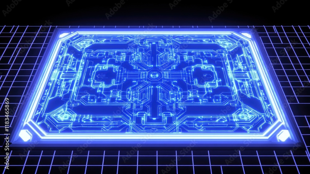 Poster blue neon hologram of a computer screen with futuristic circuit patterns, set on a white grid backgr