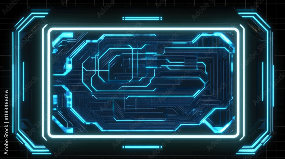 Poster blue neon hologram of a computer screen with futuristic circuit patterns, set on a white grid backgr