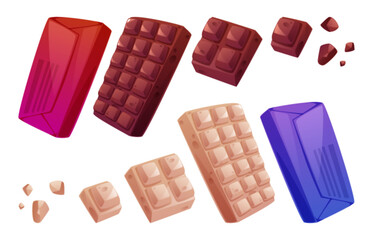 Chocolate bar collection in various sizes - dark and milk cocoa variations, wrapped, open full and broken pieces. Sweet treats displayed with segmented squares for confectionery packaging or culinary.