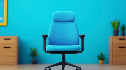 Obraz premium A modern blue office chair against a vibrant blue wall, perfect for home or corporate environments featuring minimalistic decor