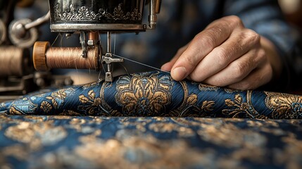 Close-up of hands using vintage sewing machine on patterned fabric.