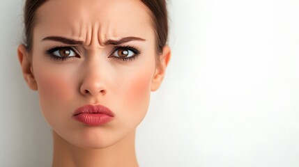 Fototapeta premium A woman with a look of deep concern, lips pursed and eyes wide, against a simple white background