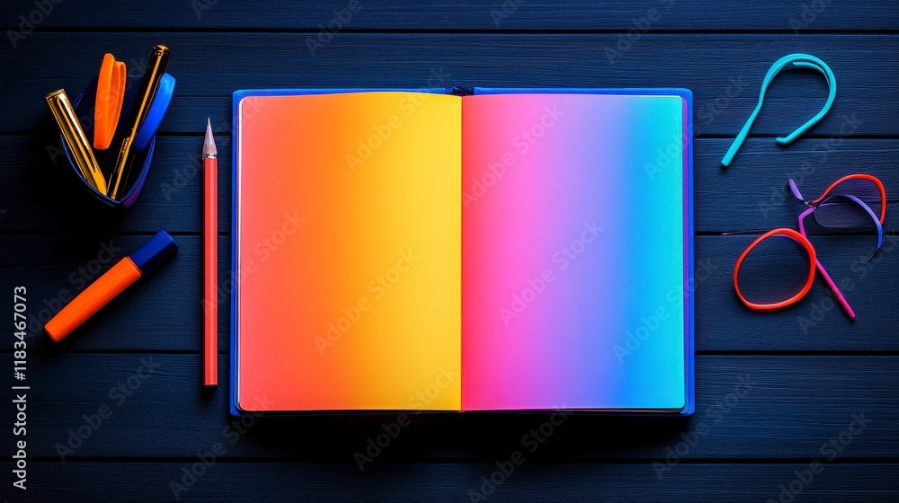 Poster an open notebook with vibrant gradient pages, surrounded by colorful stationery items on a dark wood