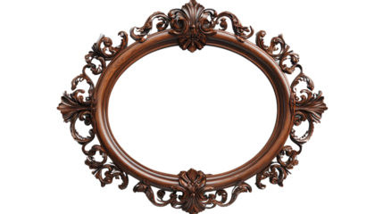 Antique oval mirror frame with ornate gold design on a white wall background